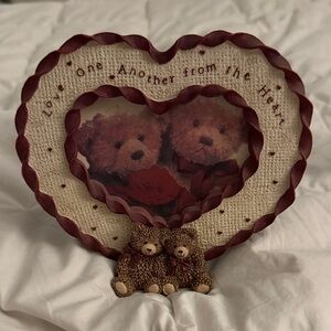 Heart-Shaped Teddy Picture Frame in Burgundy and Cream